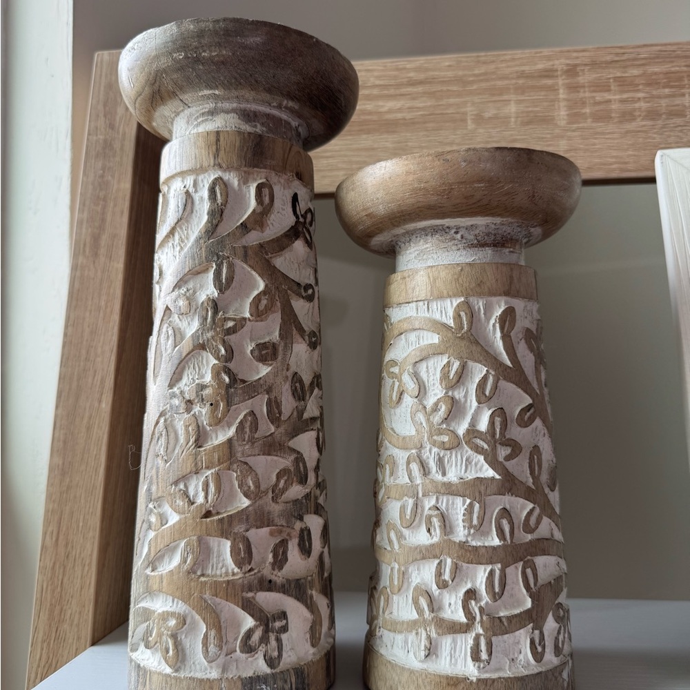 Rustic Carved Wooden Candle Holders